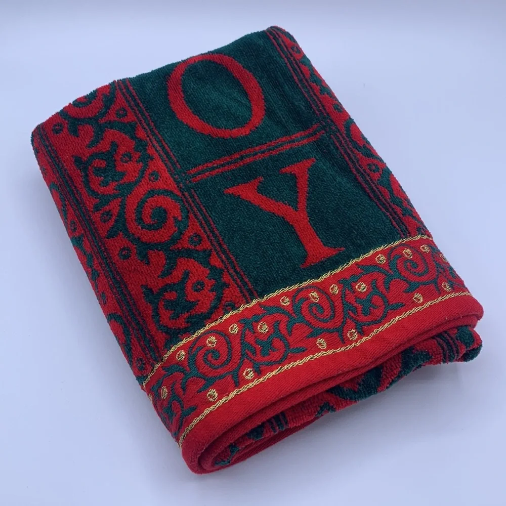 Vintage JCPenney Home Collection Cotton Red Green JOY Bath Towel & Hand Towel